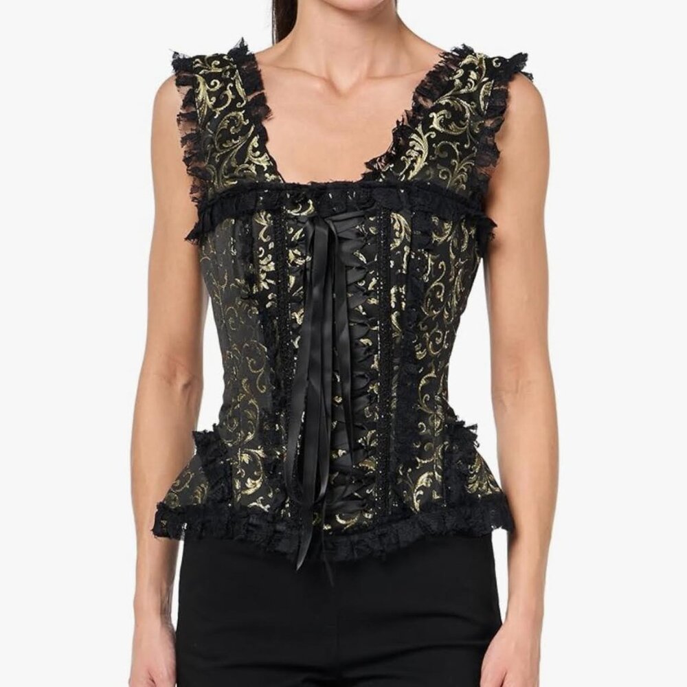 NWT (M) Daisy corsets Gold/Black Swirl Brocade & lace, steel boned, cap sleeves